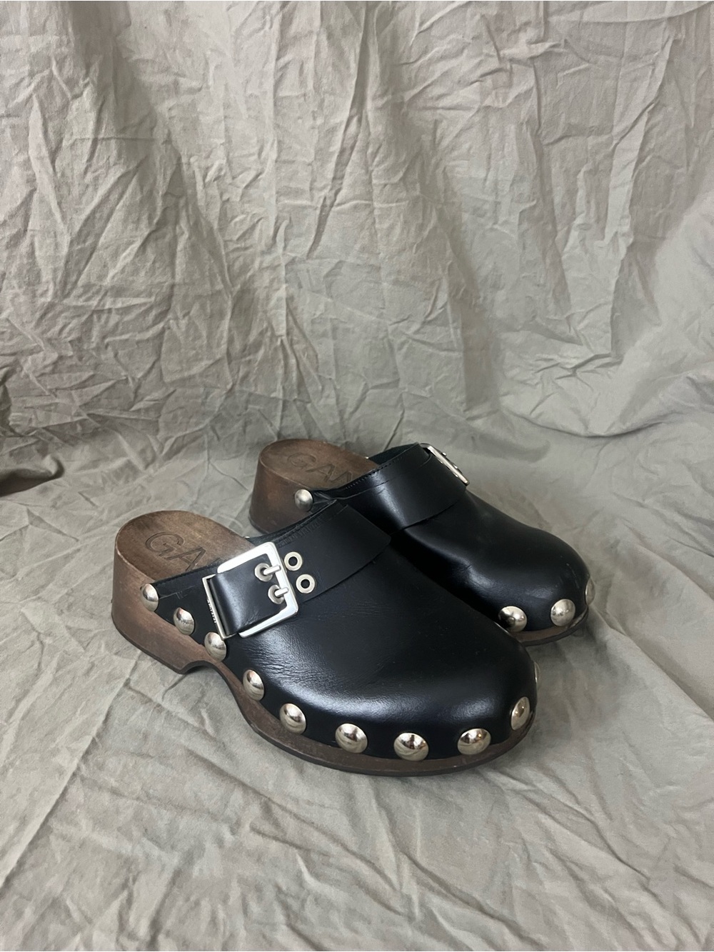Ganni Black Leather Studded Clog Mules